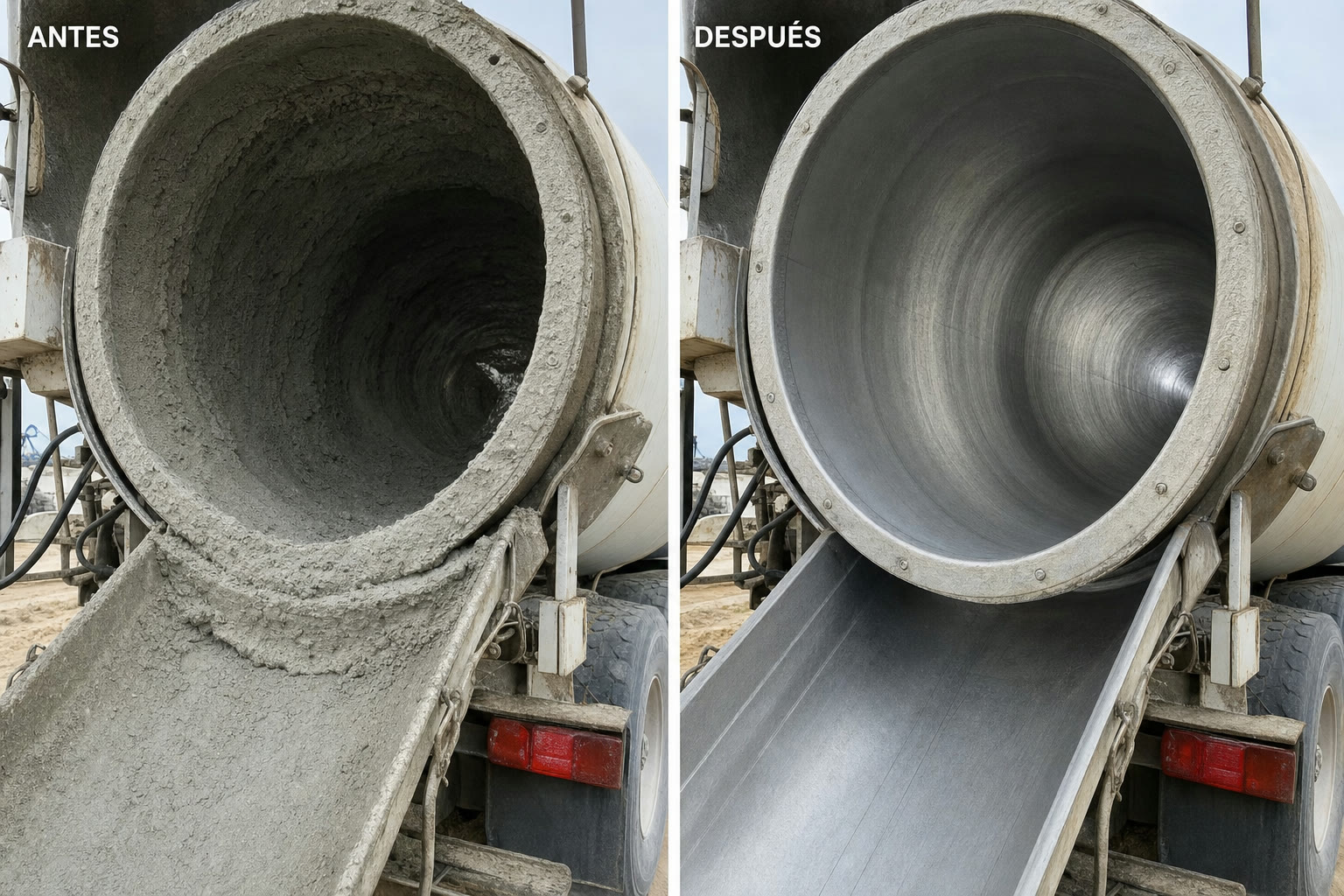 Antes y después: tambor de hormigonera con residuos vs limpio con Fortis