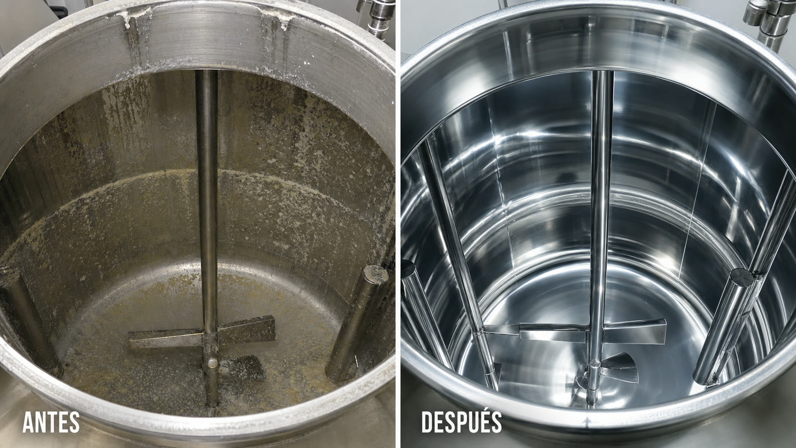 Antes y después: tanque lácteo con residuos vs limpio con Purgo