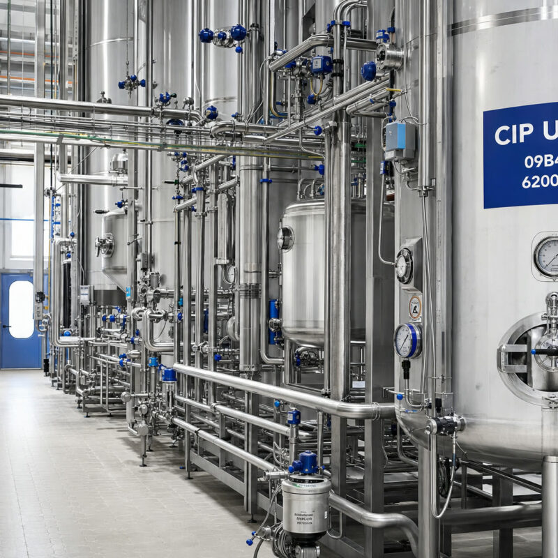 Sala CIP de planta láctea con tanques de acero inoxidable