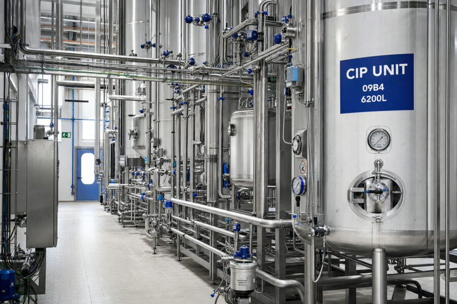 Sala CIP de planta láctea con tanques de acero inoxidable