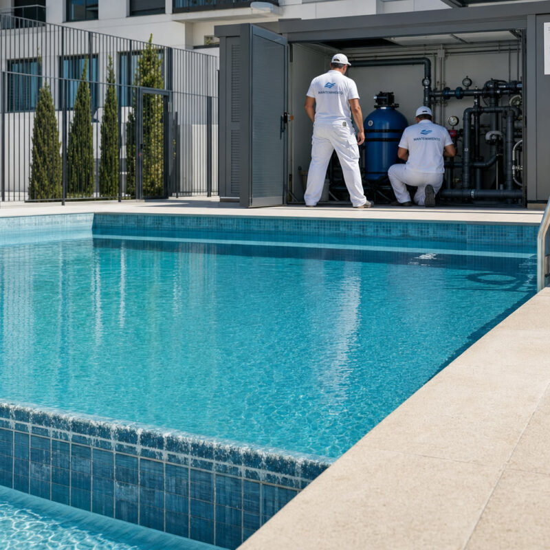 Piscina comunitaria en España con equipos de mantenimiento