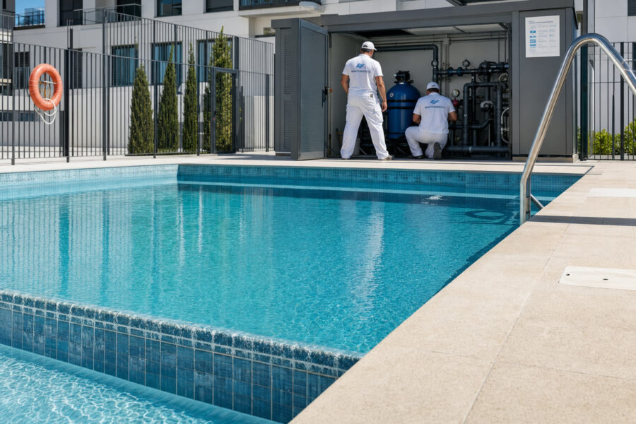 Piscina comunitaria en España con equipos de mantenimiento