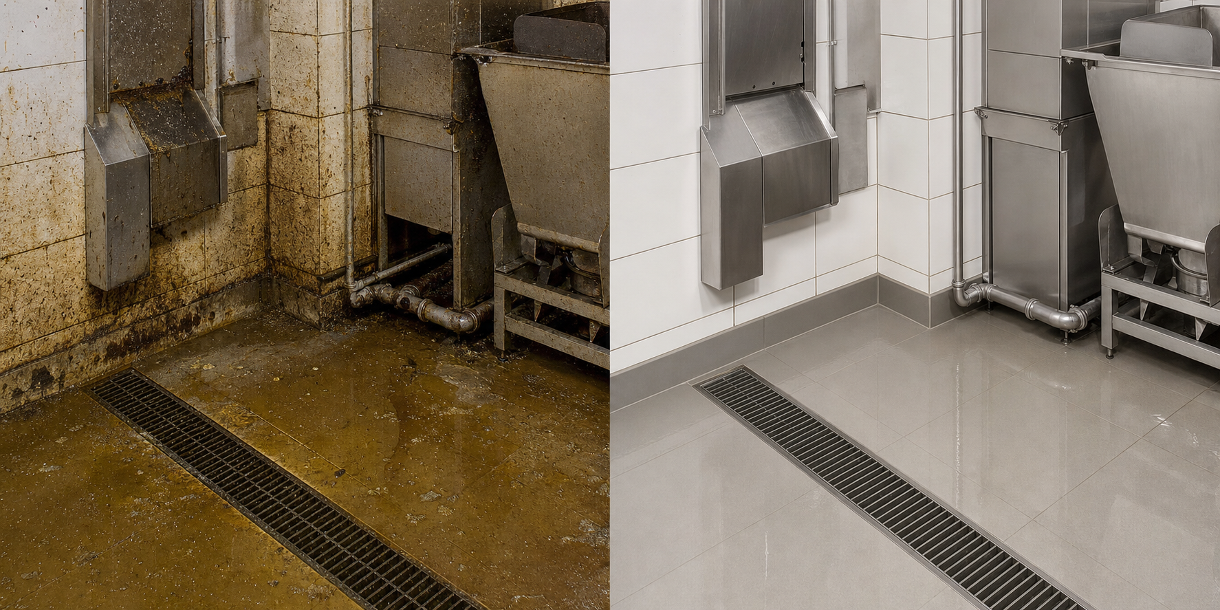 Antes y después de una zona industrial limpiada con un procedimiento sin ácidos