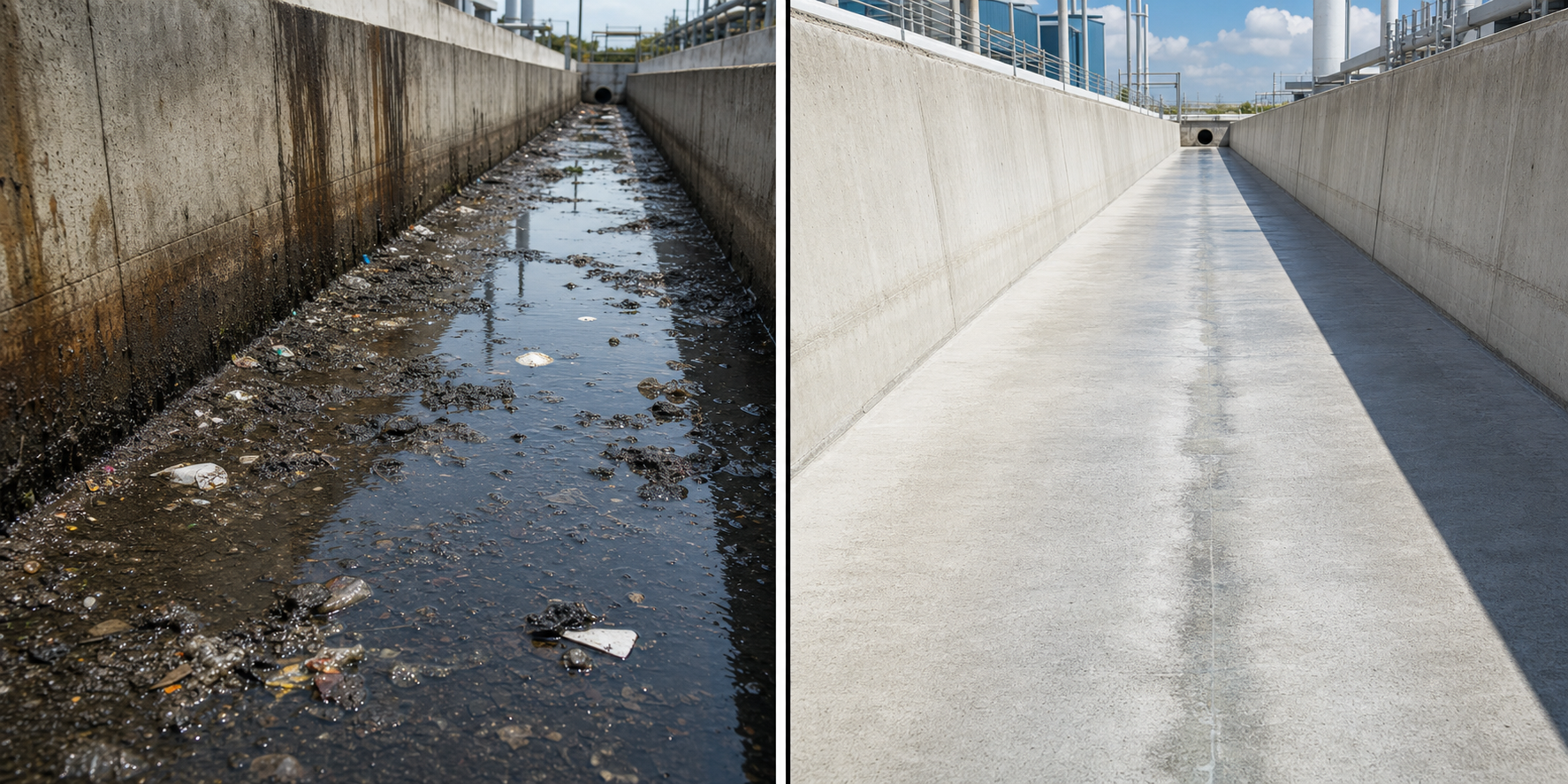 Comparación visual de un drenaje industrial antes y después de la limpieza