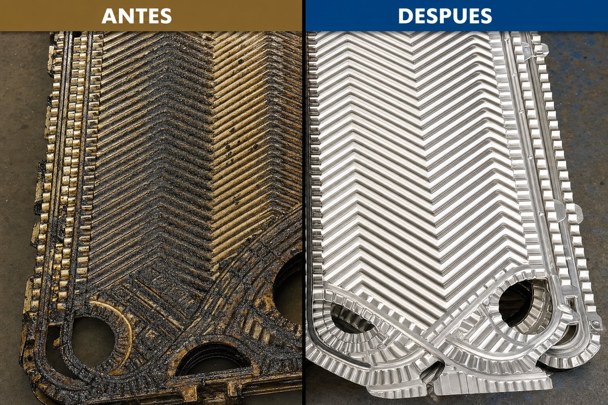 Antes y después de limpieza CIP con SynClean HD en placas de intercambiador de calor