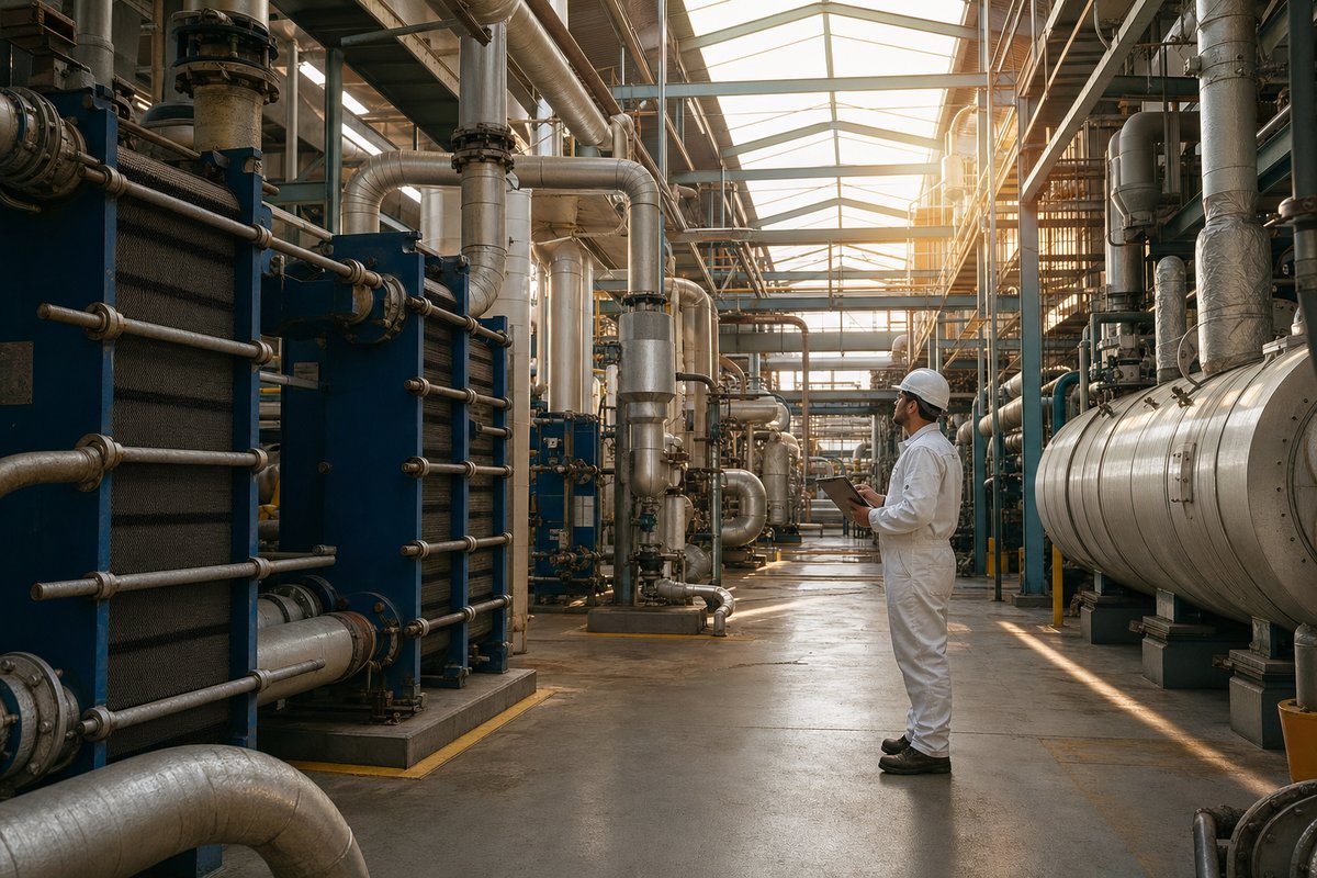 Sala de intercambiadores de calor industriales en planta petroquímica española