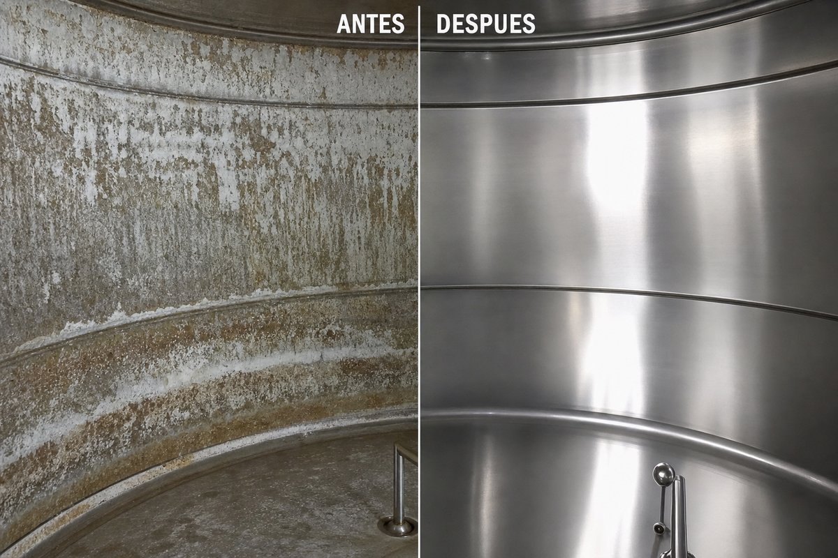 Antes y después de desincrustación con WaterSafe60 en tanque lácteo de acero inoxidable